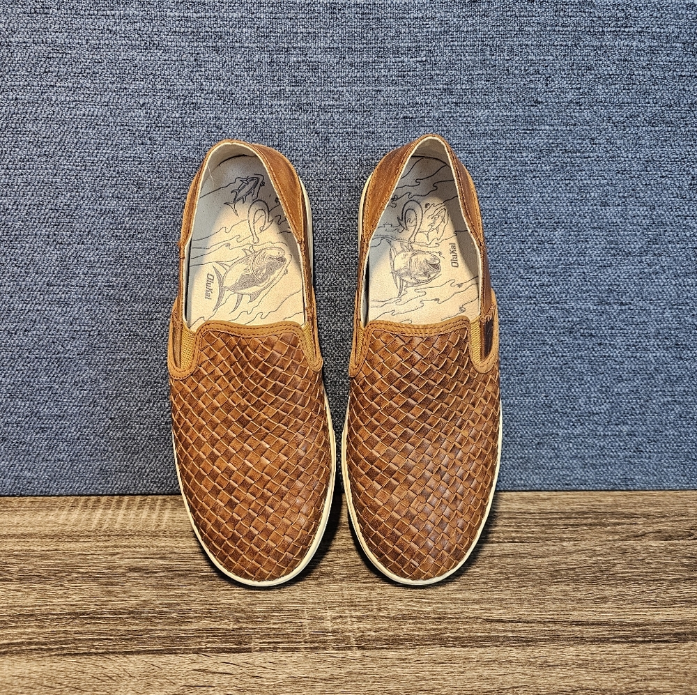 Men's OluKai Kahu Lauhala woven leather slip-on shoes